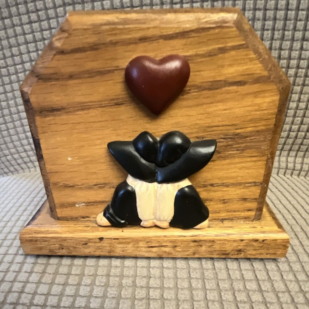 Rustic Wooden Napkin Holder Heart Couple Design Primitive Folk Art Cottagecore